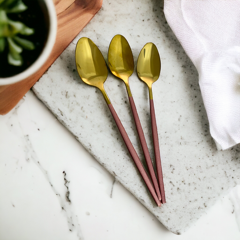 طقم معالق استانليس ستيل 6 قطع جولد بمقبض باللون البينك