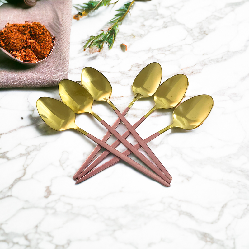 طقم معالق استانليس ستيل 6 قطع جولد بمقبض باللون البينك