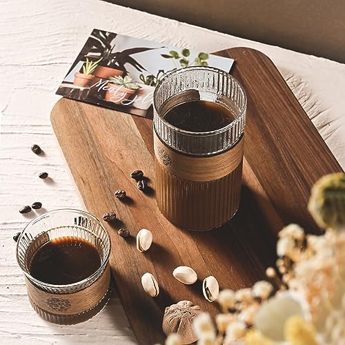 كوباية زجاج مضلع 500 ملي لشرب وتقديم المشروبات الباردة والساخنة بجزء خشبي عازل للحرارة قابل للفك والتركيب