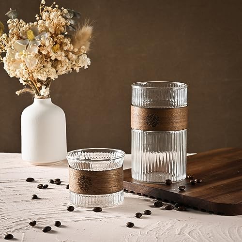 كوباية زجاج مضلع 500 ملي لشرب وتقديم المشروبات الباردة والساخنة بجزء خشبي عازل للحرارة قابل للفك والتركيب