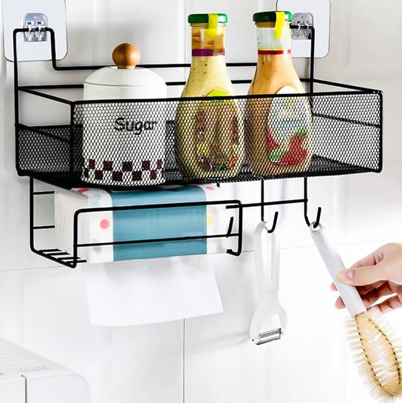 رف منظم وحامل لأدوات المطبخ والحمام بهوكات ورف حامل للمناديل من المعدن بلزق دبل فيس قوي