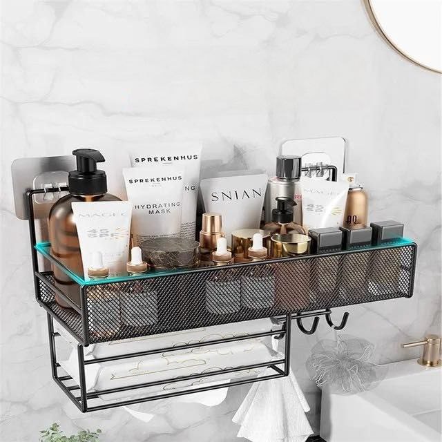رف منظم وحامل لأدوات المطبخ والحمام بهوكات ورف حامل للمناديل من المعدن بلزق دبل فيس قوي