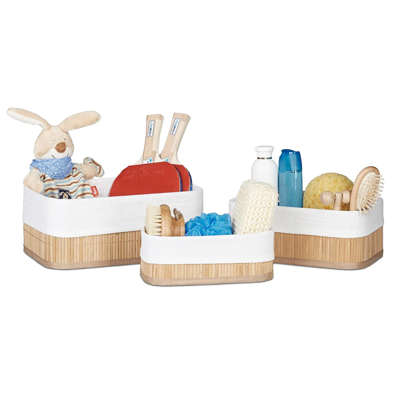 طقم  بوكس خشب 3 قطع بمقاسات مختلفة مبطن من الداخل بالكتان لتنظيم ادوات المطبخ و الحمام و لقطع الديكور