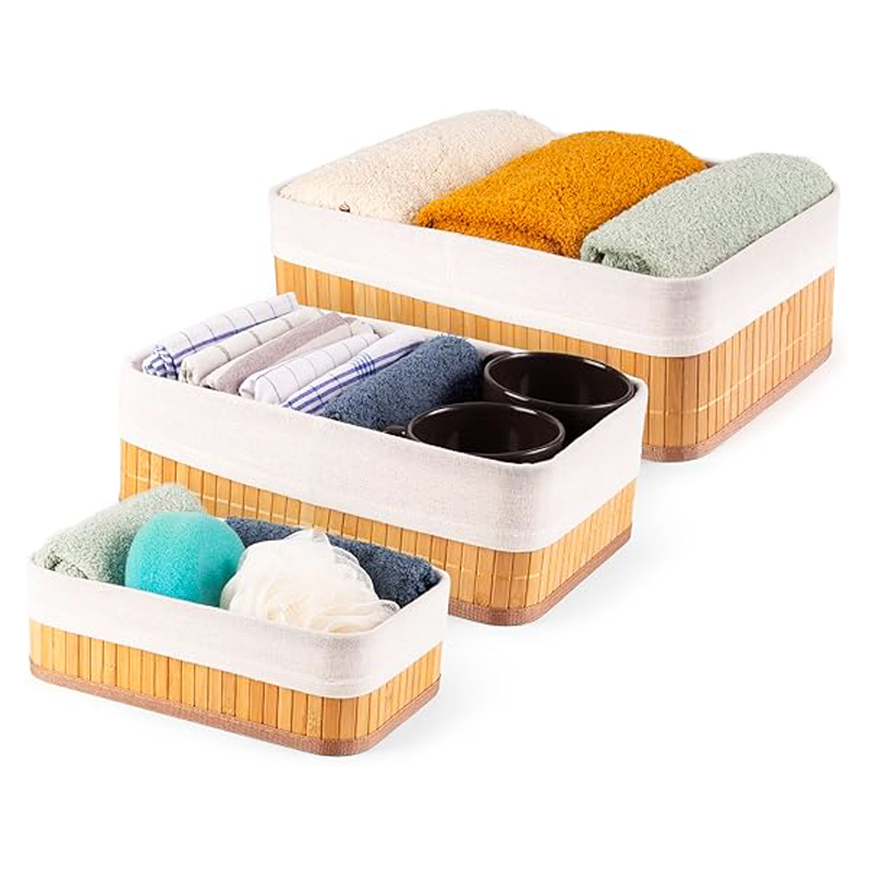 طقم باسكت خشب 3 قطع بمقاسات مختلفة ببطانه كتان لحمل وتنظيم ادوات الميكب والعناية بالشعر والبشرة والملابس