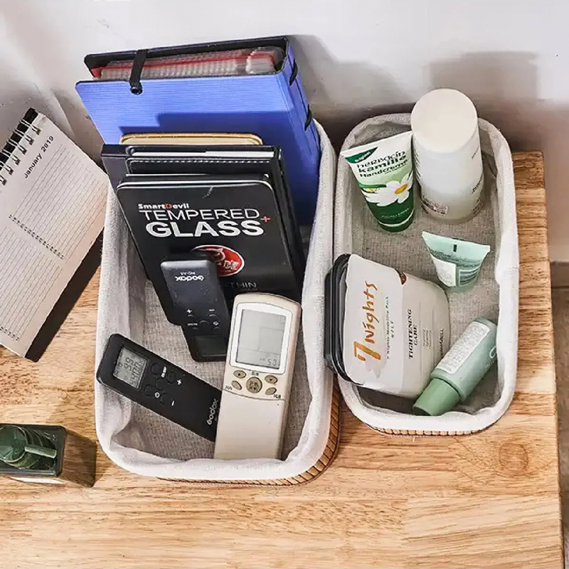 طقم باسكت خشب 3 قطع بمقاسات مختلفة ببطانه كتان لحمل وتنظيم ادوات الميكب والعناية بالشعر والبشرة والملابس