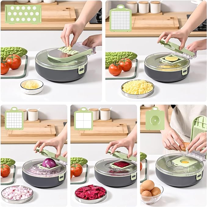 قطاعة و مبشرة 9*1 للخضروات و الفواكه و بشر الثوم مع مصفاه وعلبة بمقبض محكم الغلق