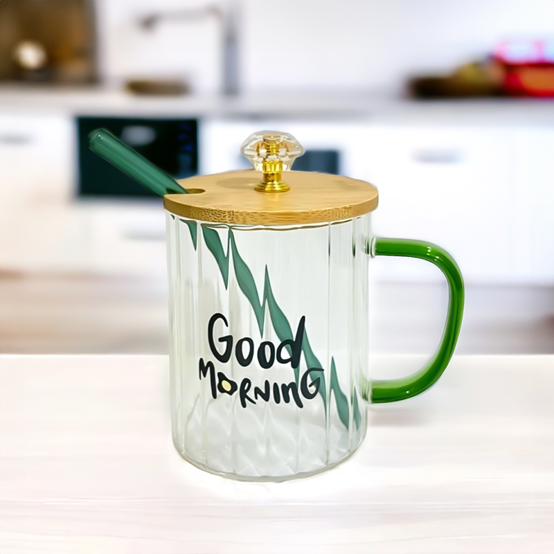 مج جود مورنينج زجاج شفاف مضلع  بيد وشاليموه و غطاء خشبي  لشرب وتقديم العصائر والنسكافيه