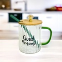 مج جود مورنينج زجاج شفاف مضلع  بيد وشاليموه و غطاء خشبي  لشرب وتقديم العصائر والنسكافيه