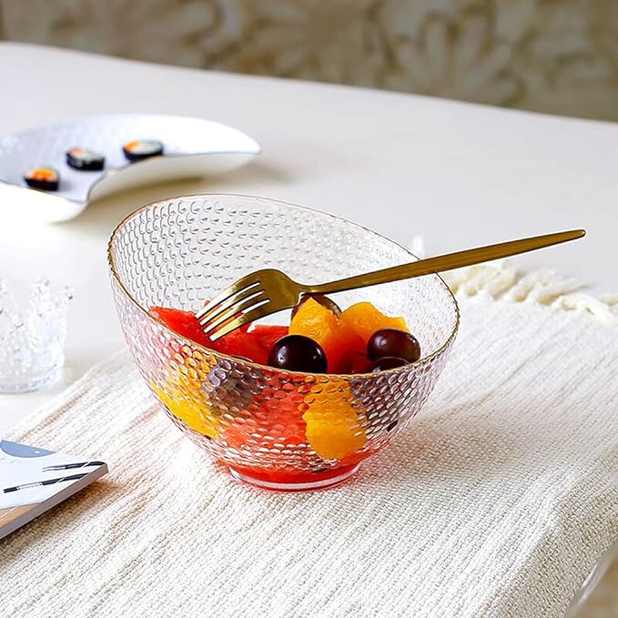 طقم اطباق اكليريك شفاف متعرج 3 قطع بمقاسات مختلفة بحواف جولد لحمل وتقديم السلطات والفواكه بشكل شيك علي السفرة