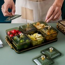 طقم تسالي اكليريك شفاف 6 قطع بغطاء و صينية بيد باللون الجولد لتقديم المكسرات و التمر و الكاندي للضيوف بشكل شيك