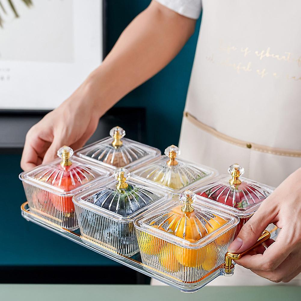 طقم تسالي اكليريك شفاف 6 قطع بغطاء و صينية بيد باللون الجولد لتقديم المكسرات و التمر و الكاندي للضيوف بشكل شيك