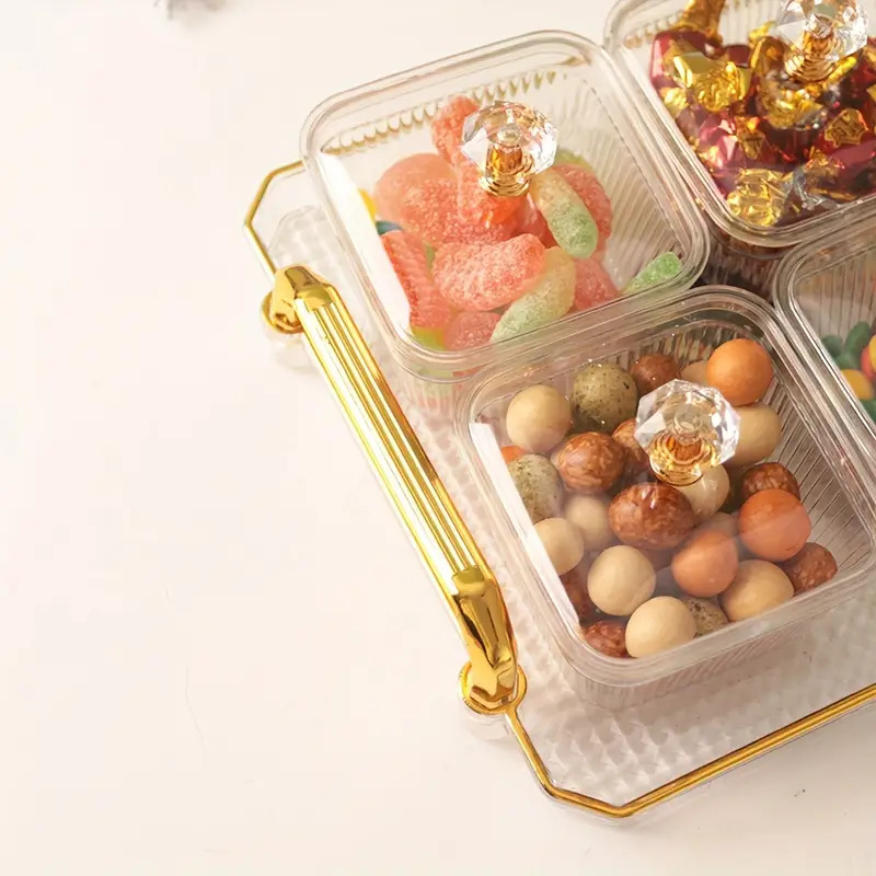 طقم تسالي اكليريك شفاف 6 قطع بغطاء و صينية بيد باللون الجولد لتقديم المكسرات و التمر و الكاندي للضيوف بشكل شيك