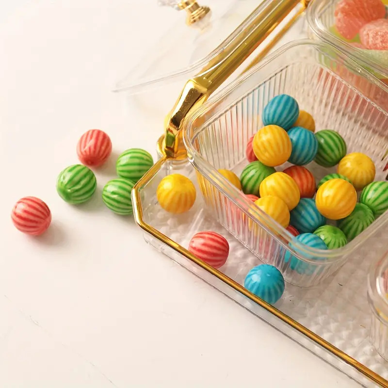 طقم تسالي اكليريك شفاف 6 قطع بغطاء و صينية بيد باللون الجولد لتقديم المكسرات و التمر و الكاندي للضيوف بشكل شيك