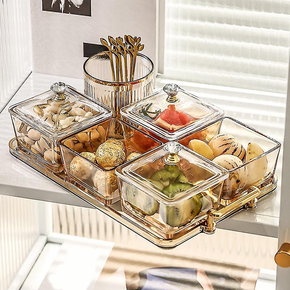طقم تسالي اكليريك شفاف 6 قطع بغطاء و صينية بيد باللون الجولد لتقديم المكسرات و التمر و الكاندي للضيوف بشكل شيك