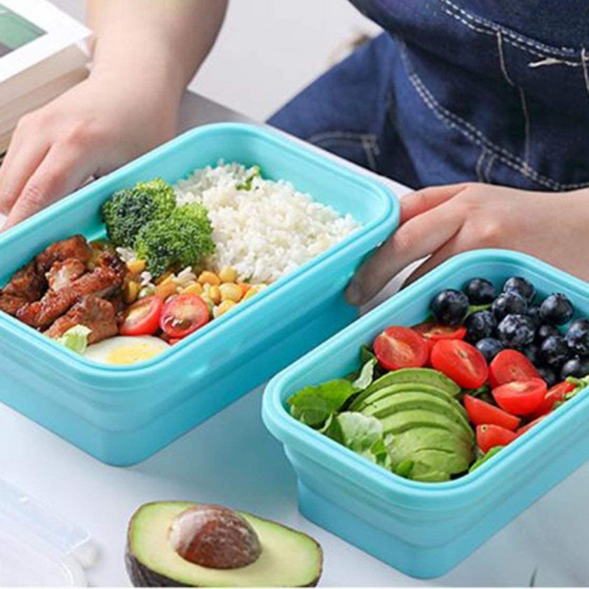 طقم علب سيليكون 4 قطع بمقاسات مختلفة قابلة للطي لحفظ الطعام طازج بغطاء محكم الغلق