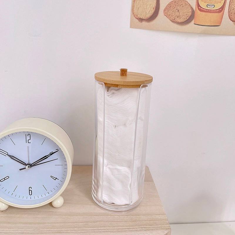 منظم اكليريك بغطاء خشب لحمل و تنظيم قطن ازالة الميك اب بفتحه لسهولة استخراج المحتويات