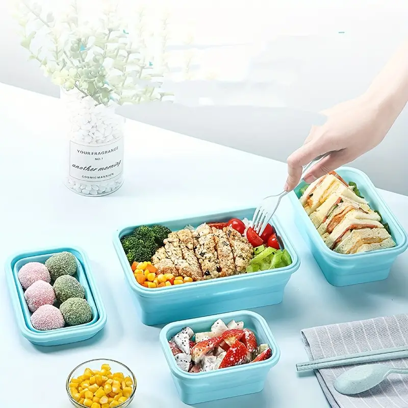 طقم علب تلاجة سيليكون 4 قطع بمقاسات مختلفة قابلة للطي بغطاء محكم الغلق