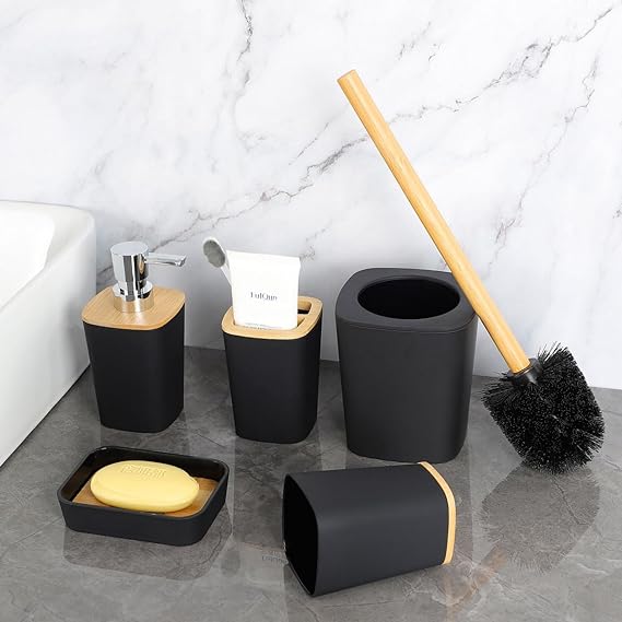 طقم حمام 6 قطع مربع بغطاء خشب لتنظيم و ترتيب الحمام بسهولة و بشكل شيك