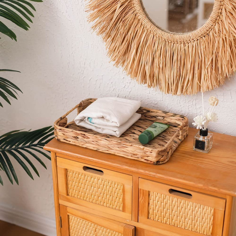 طقم باسكت خوص 3 قطع بمقاسات مختلفة لحمل وتنظيم ادوات العناية بالبشرة والشعر بيد لسهولة الحمل