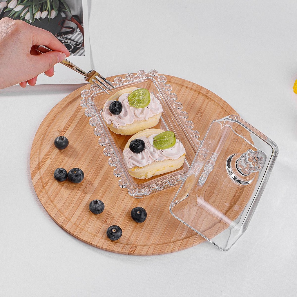 علبة زجاج كريستال شيك بغطاء شكل وردة  لحفظ وتقديم الزبدة والحلويات والكيك