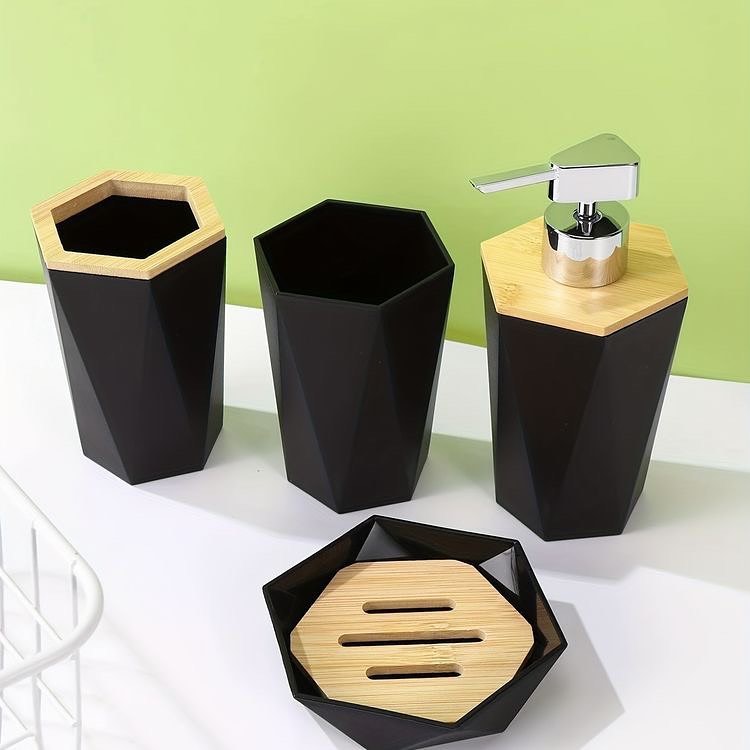 طقم حمام 7 قطع مضلع بلاستيك بغطاء خشب لترتيب و تنظيم الحمام بشكل شيك