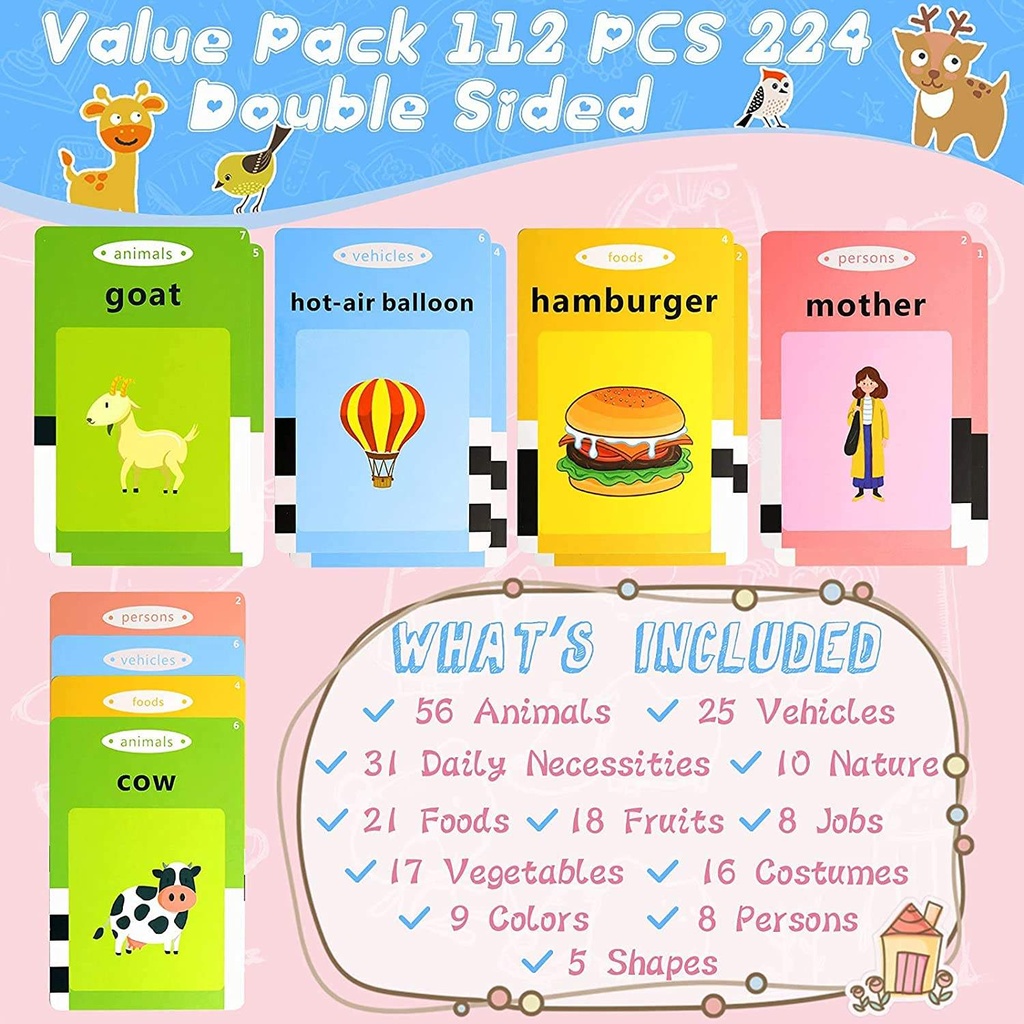 لعبة بطاقات تعليمية  مع 112 بطاقة على الوجهين مع 224 كلمة ناطقة باللغة الانجليزية لتعلم اللغة سهلة الاستخدام