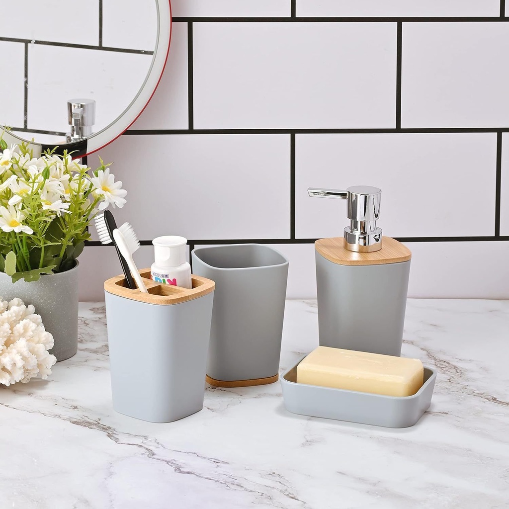 طقم حمام 6 قطع مربع بغطاء خشب لتنظيم و ترتيب الحمام بسهولة و بشكل شيك