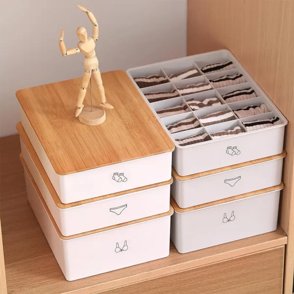 منظم ملابس 10 خانات بلاستيك بغطاء خشبي لتنظيم الملابس الداخلية والشربات و ربطات العنق