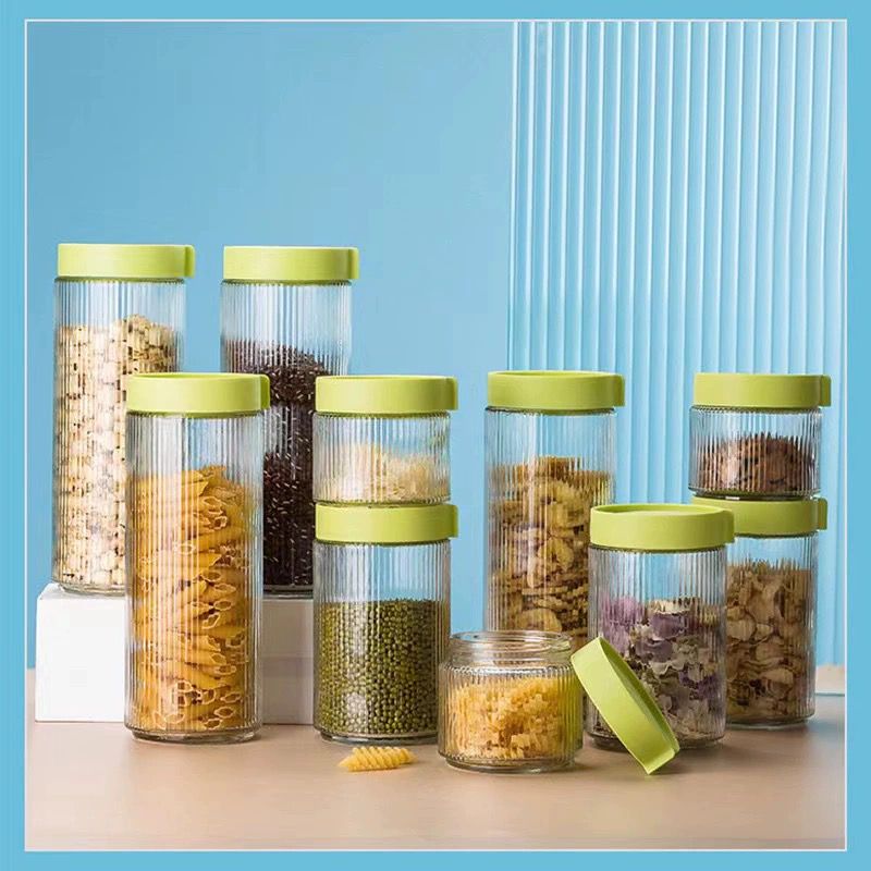 طقم برطمانات 10 قطع من الزجاج المضلع بمقاسات مختلفة لحمل وتنظيم البقوليات والتوابل