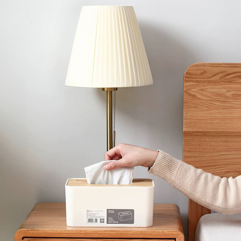 علبة مناديل بلاستيك بغطاء خشب مقسمة 5 خانات لحمل المناديل و الاسلالك و ادوات الشعر لغرف النوم و الليفينج و المكتب