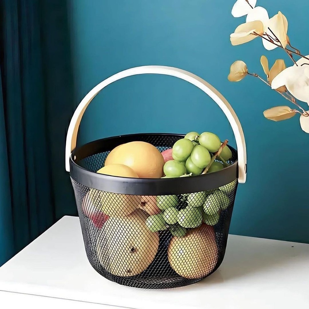 باسكت شبك دائري معدن غير قابل للصدأ بيد خشب لتنظيم الفاكهة و الخضروات و الملابس