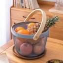 باسكت شبك دائري معدن غير قابل للصدأ بيد خشب لتنظيم الفاكهة و الخضروات و الملابس