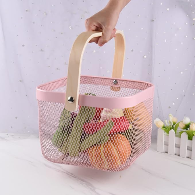 باسكت مربع شبك بيد خشب لسهولة الحمل لتنظيم و حمل الفواكه و الخضروات و للديكور