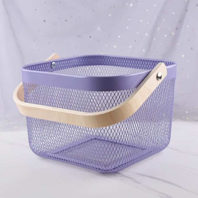 باسكت مربع شبك بيد خشب لسهولة الحمل لتنظيم و حمل الفواكه و الخضروات و للديكور