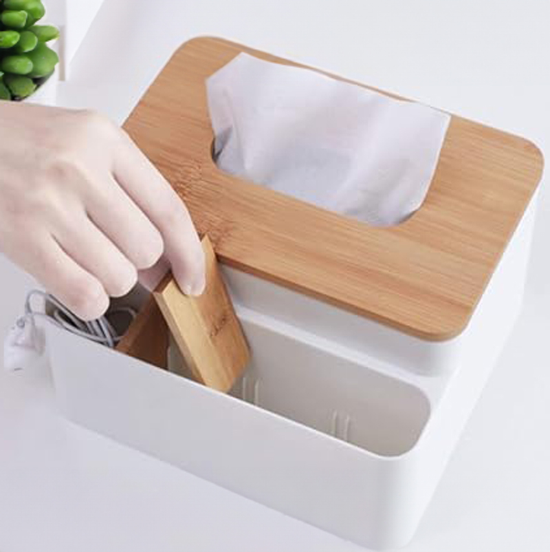 علبة لحمل وتنظيم المناديل مقسمة 4 خانات لحمل الريموت والاقلام بغطاء خشبي شيك لغرف النوم والليفينج والمكتب