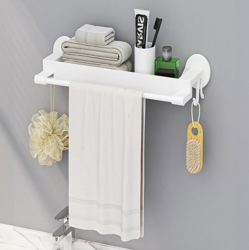 رف لحمل وتنظيم ادوات الحمام مع حامل للفوط و 2 هوك لتعليق الليف والفرش بلزق دبل فيس قوي