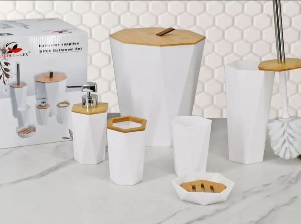 طقم حمام 7 قطع مضلع بلاستيك بغطاء خشب لترتيب و تنظيم الحمام بشكل شيك