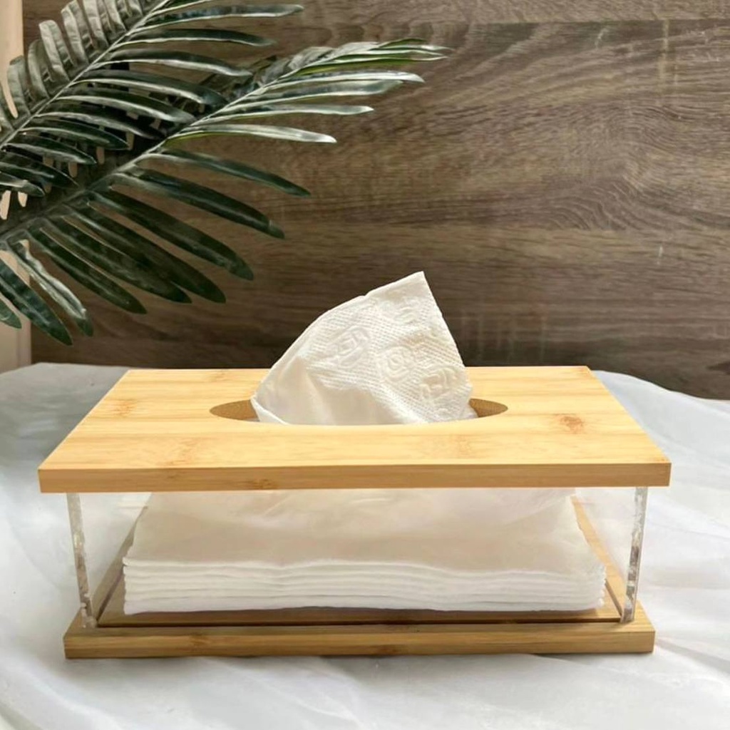 علبة مناديل اكليريك شفاف بغطاء وقاعدة خشب  لغرف النوم والأطفال والليفنج