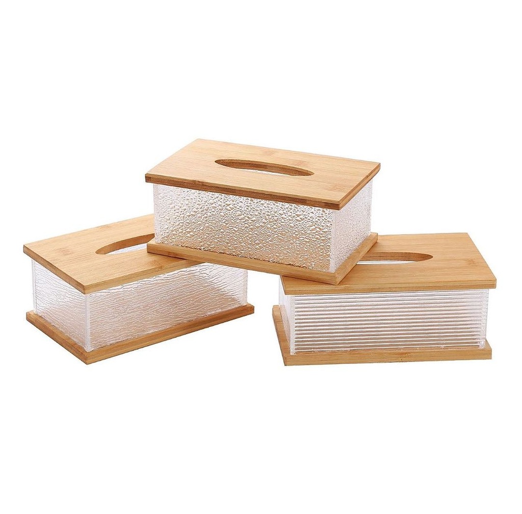 علبة مناديل اكليريك شفاف بغطاء وقاعدة خشب  لغرف النوم والأطفال والليفنج