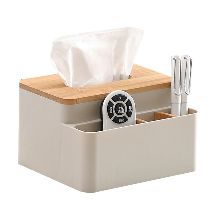علبة لحمل وتنظيم المناديل مقسمة 4 خانات لحمل الريموت والاقلام بغطاء خشبي شيك لغرف النوم والليفينج والمكتب