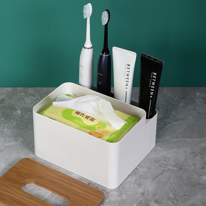 علبة لحمل وتنظيم المناديل مقسمة 4 خانات لحمل الريموت والاقلام بغطاء خشبي شيك لغرف النوم والليفينج والمكتب