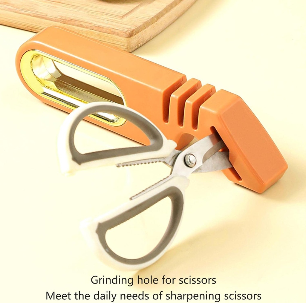 مسن سكاكين معدن يدوي ب 3 درجات مختلفة مع مبراه مقص بمقبض مريح وقاعدة غير قابلة للانزلاق لسهولة الاستخدام