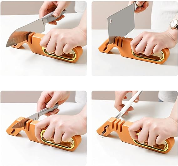 مسن سكاكين معدن يدوي ب 3 درجات مختلفة مع مبراه مقص بمقبض مريح وقاعدة غير قابلة للانزلاق لسهولة الاستخدام