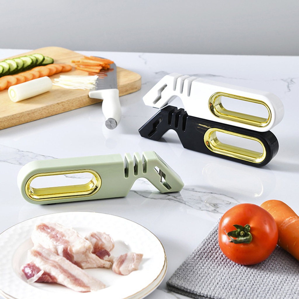 مسن سكاكين معدن يدوي ب 3 درجات مختلفة مع مبراه مقص بمقبض مريح وقاعدة غير قابلة للانزلاق لسهولة الاستخدام