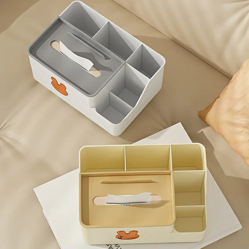 علبة مناديل بغطاء مقسمة 6 خانات لحمل الريموت والشواحن والاقلام لغرف النوم والليفنج والمكتب