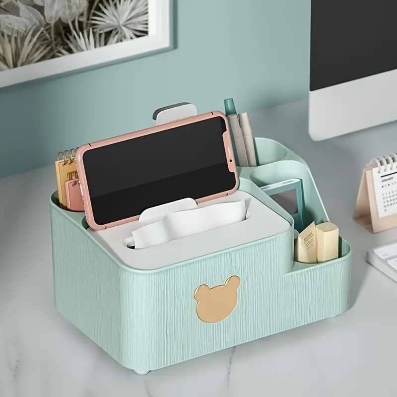 علبة مناديل بغطاء مقسمة 6 خانات لحمل الريموت والشواحن والاقلام لغرف النوم والليفنج والمكتب