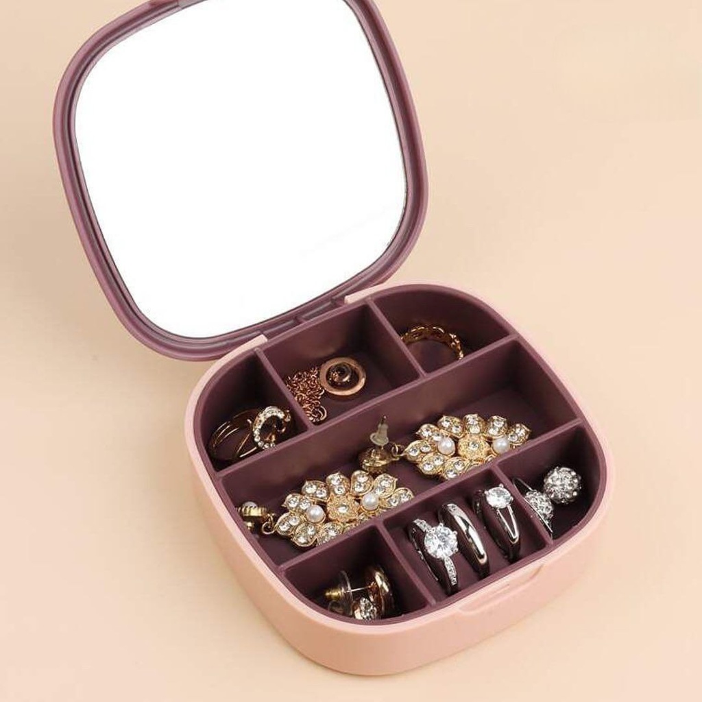 علبة تنظيم الخواتم و الاكسسوارات محمولة مقسمه 7 خانات بمرآة لشنط اليد و السفر