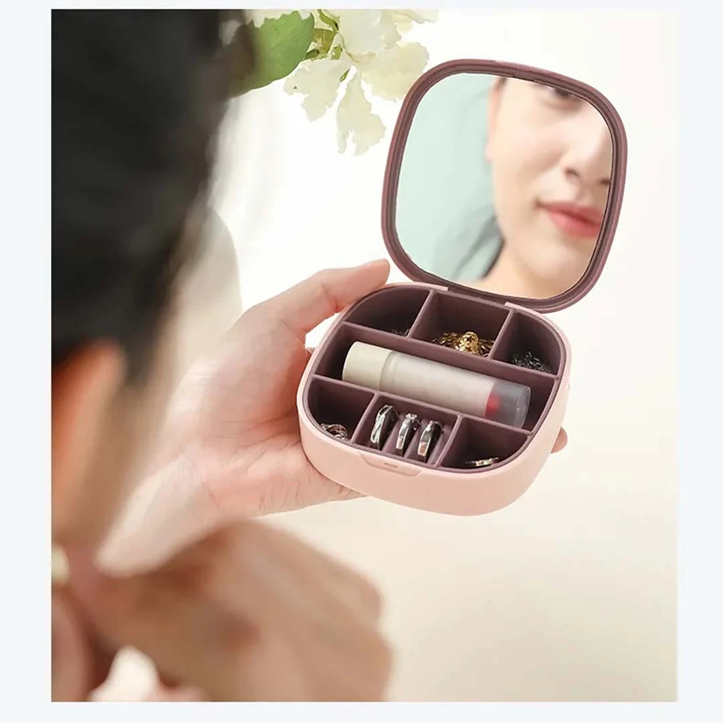 علبة تنظيم الخواتم و الاكسسوارات محمولة مقسمه 7 خانات بمرآة لشنط اليد و السفر