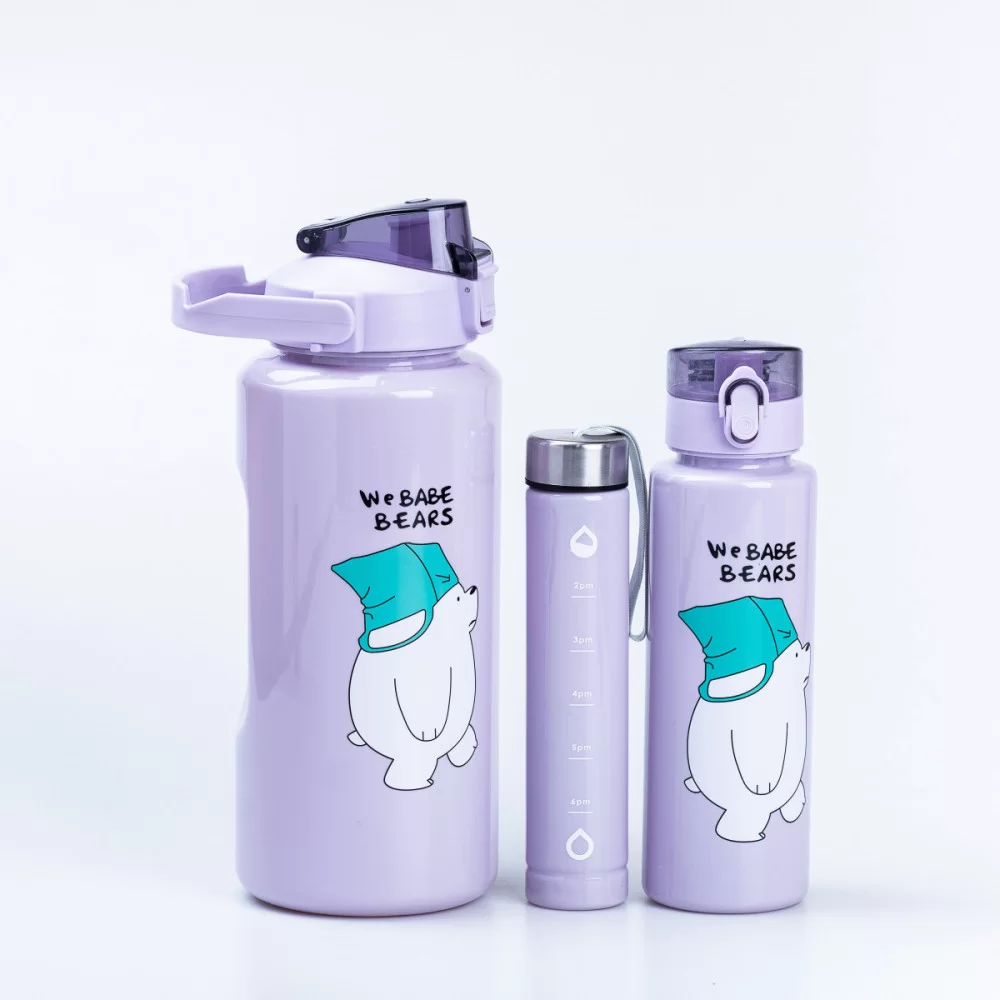 طقم زجاجات دبدوب 3 قطع من الاكليريك مع شاليموه باحجام مختلفة للسفر والدراسة والرحلات