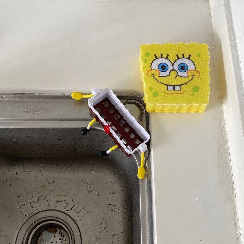 ليفة اسفنجية لغسيل الاطباق مع حامل بدبل فيس علي شكل سبونج بوب قابل للفك و التركيب